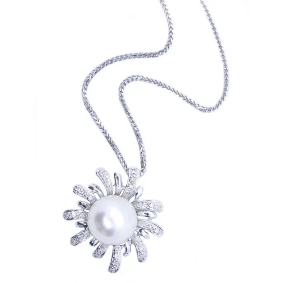 Italian Necklace Cha 18Kt Diamonds Round 12 MM Pearl - Picture 1 of 6